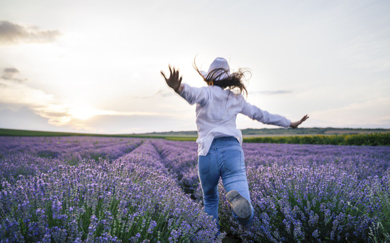 Person running through a lavender field.