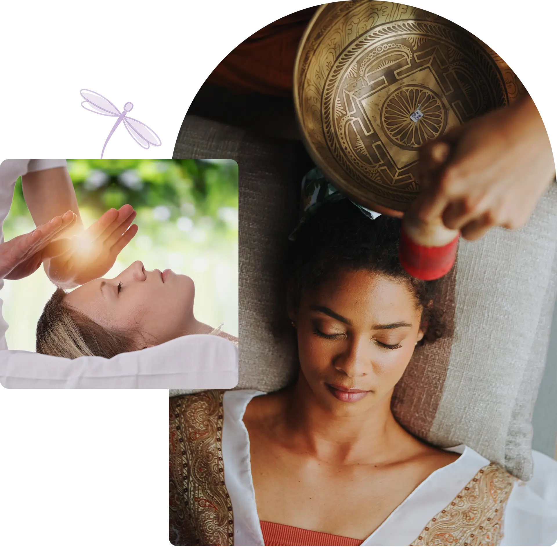 Woman receiving sound and energy healing therapy.