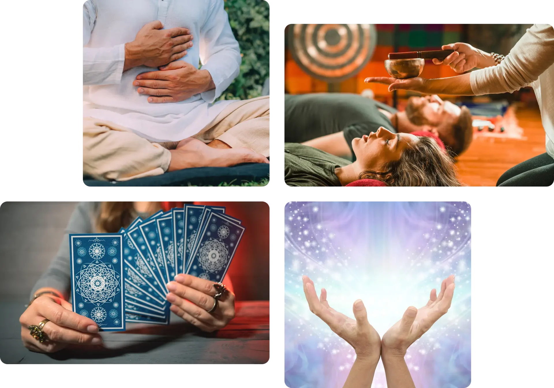 Meditation, sound healing, tarot cards, and energy healing.