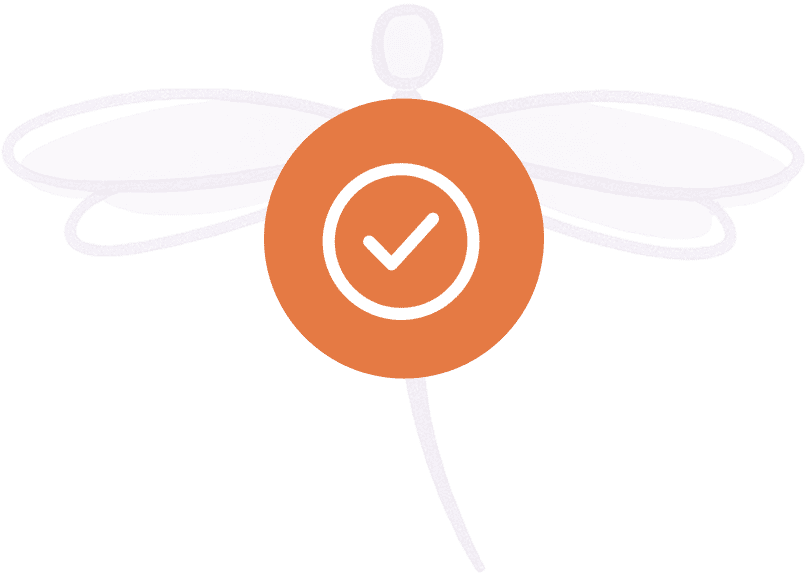 Dragonfly silhouette with orange checkmark circle.