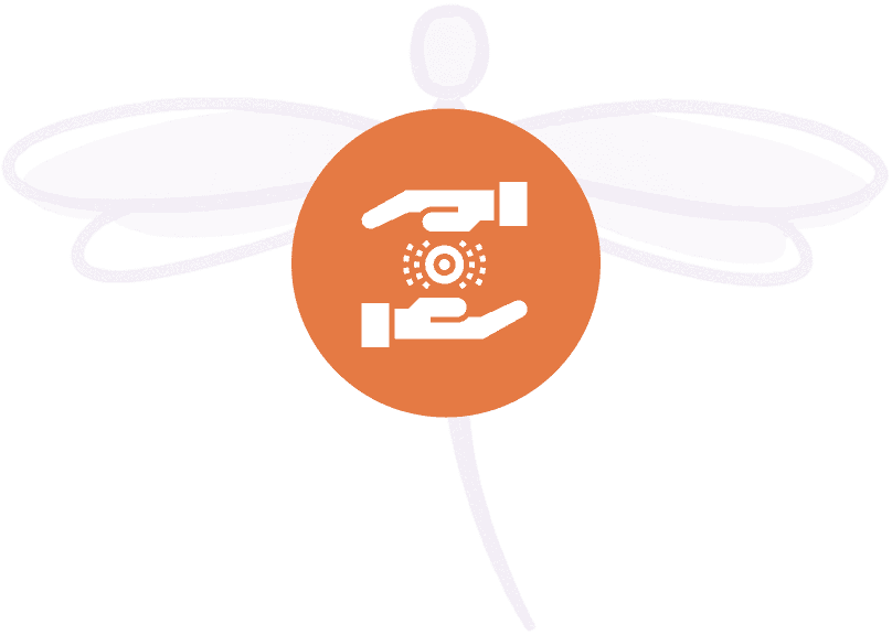 Orange circle with hands and dragonfly silhouette.