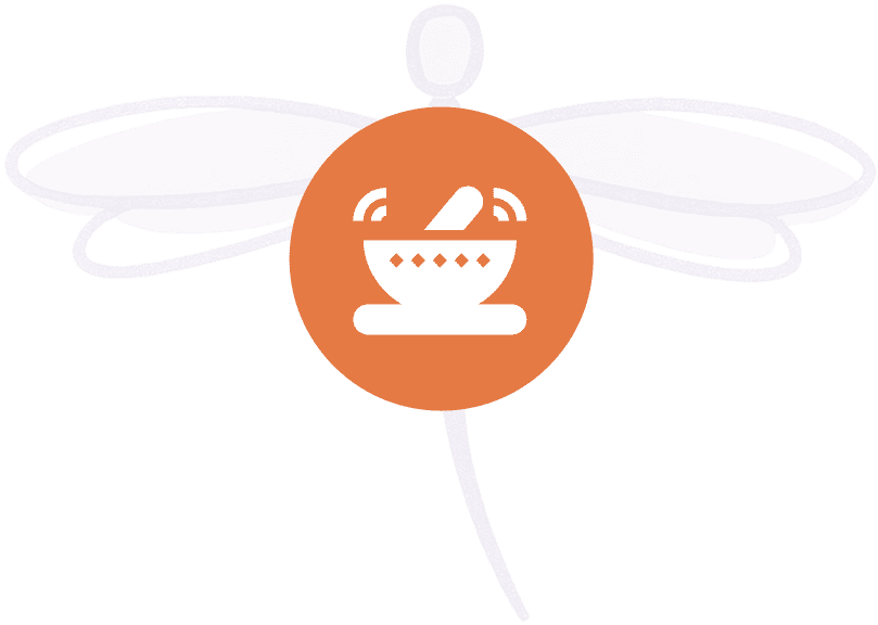 Dragonfly with orange mortar and pestle symbol.